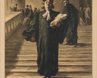 14
After Honoré Daumier
(1808-1879)
"The Grand Staircase of the Palais de Justice," circa 1864
Woodcut in colors on paper
From the edition of unknown size and date
Signed in the block, lower left: h. Daumier; Alfred Prunaire, prntr., and their pencil signature ("Alf Prunaire") in the lower margin, at right; titled on a gallery label affixed to the frame's backing paper
Image: 13.875" H x 10.25" W; Sight: 15.5" H x 11.375" W
Estimate: $300 - $500