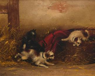 337
Frank Cassell
(19th Century)
Dogs in an interior with a red blanket
Oil on canvas laid to canvas
Signed lower left: Frank Cassell
12.25" H x 16.25" W
Estimate: $300 - $500