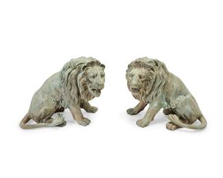 136
A pair of large bronze figures of lions
Late 20th/21st century
Each depicted seated with mouth menacingly agape
2 pieces
Each: 28.5" H x 36" W x 20" D
Estimate: $1,200 - $1,800