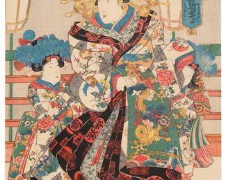 290
Utagawa Kunisada
(1786-1865)
Courtesan Matsufune from the Sanomatsu house, circa 1830
Woodcut in colors on laid Japanese paper
From the edition of unknown size and date
With the printed black ink signature, inscriptions, and chopmarks in Japanese, all lower left; other printed Japanese inscriptions, upper right; inscribed "KUNISADA / no 64 / 210" in red pencil, in another hand, lower left, verso
Image/Sheet: 14.625" H x 10" W
Estimate: $300 - $500
