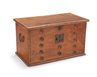 266
A Dutch Colonial iron-mounted hardwood storage chest
19th century
The chest with hinged lid and wrought-iron accents, lock, and opposed handles
18.25" H x 31.75" W x 17.25" D
Estimate: $400 - $600