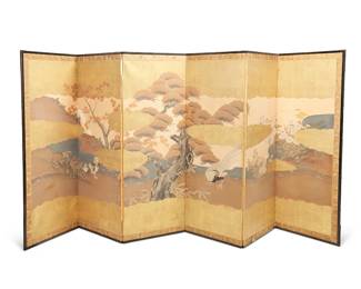 246
A Japanese six-panel byobu screen
Late Edo/early Meiji Period (1603-1912)
The painted and gilt rice paper screen in a wood frame, each panel coming together to depict waterfowl, trees, and flowers in a seaside landscape, within a gold-toned fabric border
Each panel: 66.75" H x 25.25" W x 0.75" D; Stored: 4.25" D
Estimate: $1,200 - $1,800