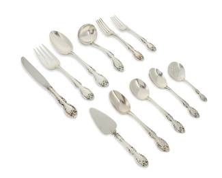 371
A Gorham sterling silver 'Melrose' flatware service
Mid/late 20th century
Each marked for Gorham and for sterling, with pattern name
Comprising 12 dinner knives (8.875"), 12 butter spreaders (6.375"), 10 dinner forks (7.25"), 12 salad forks (6.625"), 13 oval soup spoons (6.75"), 12 cream soup spoons (6.375"), 4 serving spoons (8.5"), 1 teaspoon (6"), 1 salt spoon (4.125"), 1 sugar spoon (6.125"), 1 gravy ladle (6.375"), 1 serving fork (8.125"), 1 bon bon spoon (4.875"), 1 pastry server (6.75"), and 1 cheese knife (7.25")
83 pieces
Total weighable sterling: 94.4 oz. troy approximately
Estimate: $2,000 - $3,000