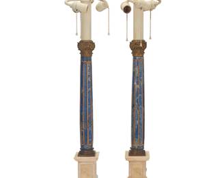 355
A pair of neoclassical marble and lapis table lamps
20th century
The three-light lamps each with columnar marble standard, featuring lapis lazuli overlay and gilt-bronze Corinthian capitals and finial, electrified
2 pieces
Each: 35.5" H x 7" W x 7" D
Estimate: $400 - $600