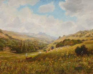 58
John Bonny
(1874-1948)
Flock of sheep in a pastoral landscape
Oil on canvas
Signed lower left: J Bonny
14" H x 21" W
Estimate: $1,000 - $1,500