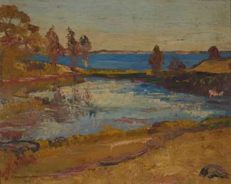 153
Abraham Jacob Bogdanove
(1888-1946)
Coastal view, 1910
Oil on panel
Signed and dated lower left: A.J. Bogdanove / 1910
9.75" H x 12" W
Estimate: $1,000 - $1,500