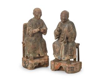 205
Two Chinese polychrome carved wood figures of ancestors
Late Qing Dynasty (1644-1912)
Possibly a Hakka family in Malaysia, carved in an unusual style
2 pieces
Taller: 12.75" H x 5.5" W x 4.375" D; Shorter: 12.25" H x 5.5" W x 4.75" D
Estimate: $800 - $1,200
