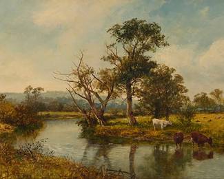 155
David Bates
(1840-1921)
Cows watering in a British pastoral landscape, 1880
Oil on canvas
Signed and dated lower left: David Bates 1880; signed and dated again, and inscribed, all verso: at Witton, near Birmingham / David Bates 1880 / Malvern
12" H x 18" W
Estimate: $500 - $700