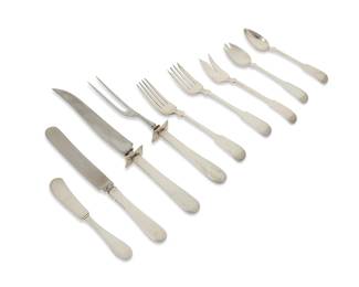 383
A Porter Blanchard sterling silver 'Fiddle' flatware service
20th century
Each marked for Porter Blanchard and for sterling
Comprising 6 dinner knives (8.375"), 6 butter spreaders (5.5"), 6 luncheon forks (7"), 6 salad forks (6.75"), 6 ice cream spoons (6"), 6 teaspoons (6"), 1 small serving fork (6.5"), and 1 carving set (knife: 10")
39 pieces
Total weighable sterling: 30.8 oz. troy approximately
Estimate: $1,800 - $2,200