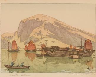 273
Hiroshi Yoshida
(1876-1950)
"Sanko Island," 1941
Woodcut in colors on paper
From the edition of unknown size and date
Signed in pencil and with the title stamped in ink, both in the lower margin: Hiroshi Yoshida; with the black ink signature and the artist's red ink seal in the image at lower right; with the jizuri ("self printed") stamp as well as other Japanese characters stamped in the left margin; titled and dated in ink, in another hand, on a label affixed to the frame's backing paper
Image: 6.5" H x 8.75" W; Sight: 7.25" H x 9.5" W
Estimate: $400 - $600