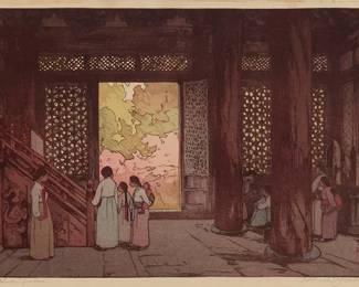 231
Hiroshi Yoshida
(1876-1950)
"Shokei Palace," from the "Korea and Manchuria" series, 1937
Woodcut in colors on paper
From the edition of unknown size and date
Signed and titled in pencil in the lower margin: Hiroshi Yoshida; with the printed black ink signature and the artist's red ink seal in the image at lower right; with the jizuri ("self printed") stamp as well as other Japanese characters stamped in the left margin; titled and dated 1937 in ink on a label affixed to the frame's backing paper
Image: 9.5" H x 14.75" W; Sight: 10.25" H x 15.5" W
Estimate: $600 - $800