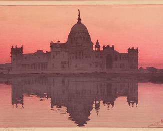 229
Hiroshi Yoshida
(1876-1950)
"Victoria Memorial," 1931
Woodcut in colors on paper
From the edition of unknown size and date
Signed and titled in pencil in the lower margin: Hiroshi Yoshida; with the printed black ink signature and the artist's red ink seal in the image at lower right; with the jizuri ("self printed") stamp as well as other Japanese characters stamped in the left margin; dated and numbered in pencil, in another hand, at the center of the lower margin; dated again and titled in ink, in another hand, on a label affixed to the frame's backing paper
Image: 9.75" H x 14.75" W; Sight: 10.25" H x 15.5" W
Estimate: $800 - $1,200