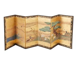 281
A Japanese six-panel byobu screen
Edo Period (1603-1867) or later
Signed to right panel at bottom right corner
The painted and gilt rice paper screen in a wood frame, each panel coming together to depict birds and a tree in a flowery seaside landscape, within a gold-toned fabric border, featuring small paintings of trees verso
Each panel: 33.25" H x 14.75" W x 0.5" D; Stored: 3.25" D
Estimate: $600 - $800