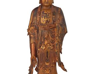 206
An Asian giltwood figure of the Amitabha Buddha
17th century or later
The figure depicted with hands in varada mudra, standing atop a tiered lotus base
Overall: 20" H x 7" W x 7" D
Estimate: $800 - $1,200