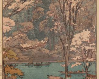 277
Hiroshi Yoshida
(1876-1950)
"Arashiyama," from the "Eight Scenes of Cherry Blossoms" series, 1925
Woodcut in colors on paper
From the edition of unknown size and date
Signed and titled in pencil in the lower margin: Hiroshi Yoshida; with the printed black ink signature and the artist's red ink seal in the image at lower right; with the jizuri ("self printed") stamp as well as other Japanese characters stamped in the left margin; numbered "195" in pencil, in another hand, at the center of the lower margin; titled again and dated in ink, in another hand, on a label affixed to the frame's backing paper
Image: 14.75" H x 9.75" W; Sight: 15.375" H x 10.25" W
Estimate: $400 - $600