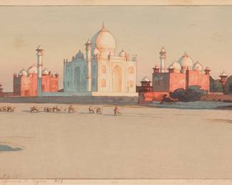228
Hiroshi Yoshida
(1876-1950)
"Approach to Agra, No. 3," 1932
Woodcut in colors on paper
From the edition of unknown size and date
Signed in pencil in the lower margin, at right: Hiroshi Yoshida; the printed ink title (misspelled as "Aproach...") in the lower margin, at left; with the black ink signature and the artist's red ink seal in the image at lower left; with the jizuri ("self printed") stamp as well as other Japanese characters stamped in the left margin; numbered "173" in pencil, in another hand, at the center of the lower margin; titled again and dated in ink, in another hand, on a label affixed to the frame's backing paper
Image: 9.75" H x 14.75" W; Sheet: 10.75" H x 15.75" W
Estimate: $1,000 - $1,500