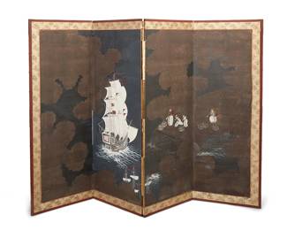 248
A Japanese four-panel namban byobu screen
Edo Period (1603-1867) or later
The painted rice paper screen in a wood frame, each panel coming together to depict foreigners and their ships, within a gold-toned fabric border
Each panel: 60.75" H x 21" W x 0.75" D; Stored: 2.75" D
Estimate: $2,000 - $3,000