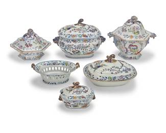 323
An assembled English ironstone 'Flying Bird' part dinner service
Early 19th century-1920s
Some marked for Mason's and some marked for Davenport
Comprising 2 dinner plates (9.625"), 2 salad plates (8.5"), 6 soup bowls (9.75"), 1 large soup tureen (10" H x 14" W x 9" D) 3 hexagonal lidded and footed vegetable servers (7.75" H x 11" W x 10" D), 1 low hexagonal server (6" H), 1 larger hexagonal lidded footed server with opposed handles (11.25" H x 13.25" W x 9.5" D), 2 oval lidded servers, 2 pierced oval baskets with pierced underplates, 5 individual covered oval tureens and an extra unpaired lid (5" H x 7.25" W x 4.625" D), 2 lidded jars (7.5" H), 1 large oval serving platter (20" W x 15.25" D), 1 rectangular serving platter, and 6 small oblong serving dishes
38 pieces
Estimate: $1,000 - $1,500