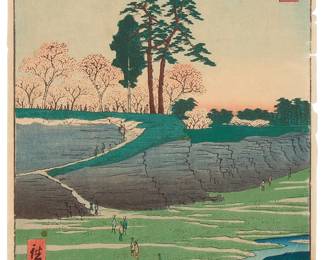 259
Utagawa Hiroshige
(1797-1858)
"Goten-yama, Shinagawa," from the "One Hundred Famous Views of Edo" series, 1856
Woodcut in colors on laid Japanese paper backed to tissue-thin paper
From the edition of unknown size and date
With the printed black ink signature in Japanese, lower left, and other various Japanese inscriptions, upper right; two printed black ink seals in the upper margin, at right
Image: 13.25" H x 8.875" W; Sheet: 14" H x 9.25" W
Estimate: $800 - $1,200