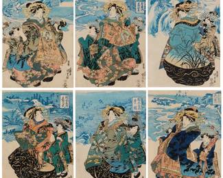 296
Six 19th Century Japanese woodcuts in colors
A group of six woodcuts in colors on paper, each depicting a female courtesan posed within an outdoor landscape setting. The figures are portrayed with elaborately patterned garments, their appearance contrasted against natural backdrops of rivers, mountains, and town scenes
Each: From the edition of unknown size and date
Each: With the printed blue ink signature, inscriptions, and chopmarks in Japanese, all lower right; and other printed blue ink Japanese inscriptions in the upper half of the work
Six pieces
Sight of each: 14" H x 10" W
Estimate: $600 - $900