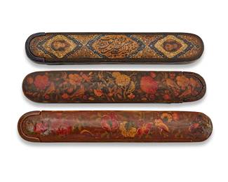 98
Three Persian polychrome wood and papier-mâché pen boxes
Late Qajar Dynasty (1789-1925)
Comprising two decorated with floral motifs and one with script and figures, each with a lacquered finish
3 pieces
Longest: 9.25" L
Estimate: $1,000 - $1,500