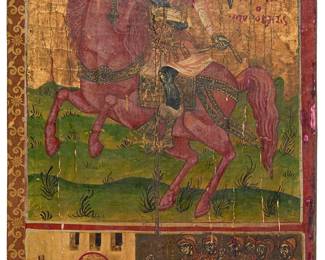 116
A Greek icon of a saint on horseback
19th century or earlier
Pigment and gilding on panel, with newer applied fabric edging along all but the right edge
Image: 18.125" H x 10.125" W; Overall: 19.5" H x 17.5" W x 1" D
Estimate: $600 - $800