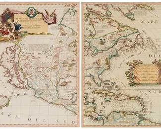 131
Vincenzo Maria Coronelli (1650-1718)
"America Settentrionale Colle Nuove Scoperte Sin All Anno 1688." Venice, 1690
An engraved map of North America with hand-coloring, on two sheets of laid paper, published in the "Atlante Veneto." The map reflects the most current geographic knowledge of the late 17th century, drawing upon Nicolas Sanson's influential 1669 map. Coronelli combines the latest discoveries along the northern Pacific coast with speculative cartography in the far north, while notably rendering California as an island. Scenes of Native Americans, richly ornamented cartouches, and the elaborate Venetian Baroque style of the engraving emphasize Coronelli's artistry as both a cartographer and engraver
From the edition of unknown size and printing date
Sight of each: 24.25" H x 18.125" W
Estimate: $5,000 - $7,000