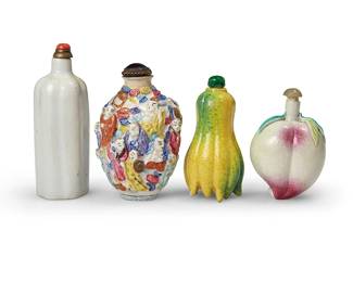 160
Four Chinese porcelain snuff bottles
19th/20th century
One bearing a red underglaze reign mark for Daoguang Period (1821-50)
Comprising a Famille Rose Luohan bottle, a peach-form bottle, a Buddha's hand citrus-form bottle, and a white lobed bottle
4 pieces
Tallest: 3.75" H
Estimate: $700 - $900