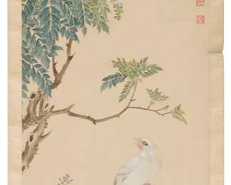 198
Ma Jiatong
(1865-1937)
Birds and flowers, circa 1900
Ink and pigment on silk mounted to a fabric/paper scroll
Bearing the "Ma Jiatong" signature and inscribed in black ink, and two red ink chopmarks, all along the upper portion of the right edge
Image: 64" H x 15.75" W; Overall: 73" H x 18.25" W
Estimate: $1,000 - $1,500