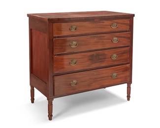 399
An American Sheraton-style mahogany chest of drawers
Early 19th century
With four locking drawers and brass pulls with grape bunch motifs to escutcheons, raised on turned legs
40.5" H x 40.5" W x 21.25" D
Estimate: $400 - $600