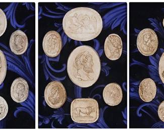 135
Three sets of Grand Tour plaster intaglios
19th century
Each set comprising seven mounted intaglios depicting classical figures and scenes, mounted to velvet in a parcel-gilt and ebonized wood frame
3 pieces
Each framed: 12.25" H x 10.25" W x 3.5" D
Estimate: $500 - $700