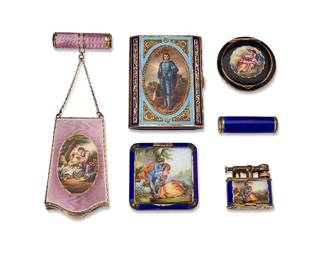 4
A group of Austrian sterling silver and enamel ladies' items
19th/20th century
Each marked for sterling and: Made in Austria; lipstick XRF tested for sterling
Each mounted with painted plaques, comprising a guilloché minaudiere, three compacts, one lighter, and an associated unmarked lipstick
6 pieces
Largest compact (Blue Boy): 3.25" H x 2.625" W x 0.625" D
Estimate: $200 - $300