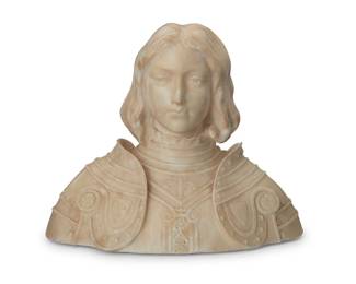 128
A Continental carved alabaster bust of Joan of Arc
Late 19th/early 20th century
Depicted in her armor
10.25" H x 12.5" W x 7.5" D
Estimate: $700 - $900