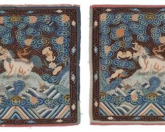 217
A pair of Chinese 'xiezhi' martial rank badges
Late Qing Dynasty (1644-1912) or later
The set of 'kesi' woven silk censor's rank military official badges, each depicting the mythical 'xiezhi' atop a rock amid waves and deep water surrounded by clouds, bats, and other auspicious symbols, all in woven polychrome silk and metallic thread, each mounted within an ebonized wood glazed frame with gilt embellishments
2 pieces
Each: 12.25" H x 13" W
Estimate: $1,000 - $1,500