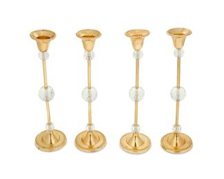 108
Four 14k gold and glass candlesticks
21st century
Each marked to nozzle: 14K
Each fitted with three cut glass spheres
4 pieces
700 grams gross
Each: 10" H x 2.75" Dia.
Estimate: $30,000 - $50,000