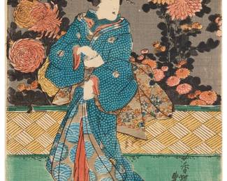 292
Utagawa Kunisada
(1786-1865)
"Kikugetsu" (central panel of a triptych), circa 1847
Woodcut in colors on Japanese paper
From the edition of unknown size and date
With the printed black ink signature, inscriptions, and chopmarks in Japanese, all lower right
Image: 14.25" H x 9.625" W; Sheet: 14.5" H x 9.75" W
Estimate: $100 - $150