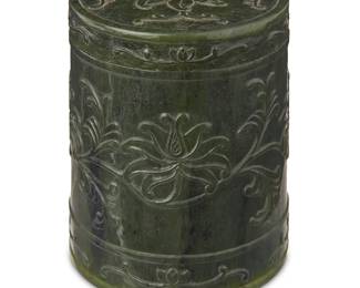 174
A Chinese carved nephrite cylindrical box
20th century
The lidded box carved with floral motifs
3.5" H x 2.875" Dia.
Estimate: $300 - $500