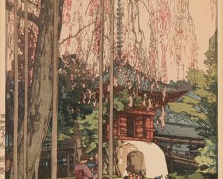 278
Hiroshi Yoshida
(1876-1950)
"The Cherry Tree in Kawagoe," from the "Eight Scenes of Cherry Blossoms" series, 1935
Woodcut in colors on paper
From the edition of unknown size and date; posthumously printed
Stamped with the artist's name and the title of the work in the lower margin: Hiroshi Yoshida; with the printed black ink signature and the artist's red ink seal in the image at lower right; Japanese characters stamped in the left margin
Image: 14.75" H x 9.75" W; Sight: 15.375" H x 10.25" W
Estimate: $400 - $600