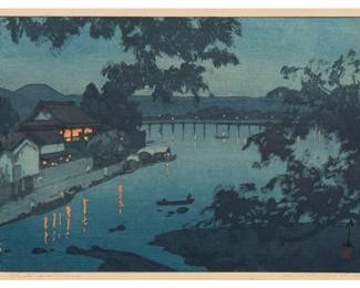 235
Hiroshi Yoshida
(1876-1950)
"Chikugo River," 1927
Woodcut in colors on paper
From the edition of unknown size and date
Signed and titled in pencil in the lower margin: Hiroshi Yoshida; with the printed black ink signature and the artist's red ink seal in the image at lower right; with the jizuri ("self printed") stamp as well as other Japanese characters stamped in the left margin
Image: 9.75" H x 14.75" W; Sight: 10.5" H x 15.5" W
Estimate: $600 - $800