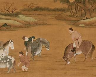 200
A Chinese Yuan-style landscape painting with horses and grooms, Qing Dynasty, Early 20th century
Ink and pigment on fabric, originally a handscroll, now mounted on a panel and with silk borders; depicting horses with their groomers set in a landscape with trees, grass, and rocks; with a black ink inscription and red ink chopmark in Chinese that transliterates as "Yu Zhiding during the Kuichou year of the Kangxi reign"
Sight (with borders): 16.75" H x 42.5" W
Estimate: $2,000 - $4,000