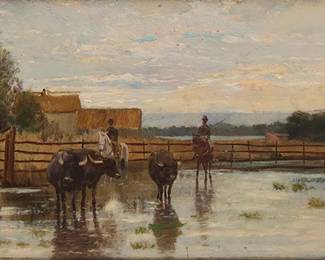 54
Holger Hvitfeldt Jerichau
(1861-1900)
European farm scene, likely Denmark
Oil on panel
Signed lower left: Holger H Jerichau; variously numbered in pencil, presumably in another hand, verso
7" H x 15.375" W
Estimate: $500 - $700
