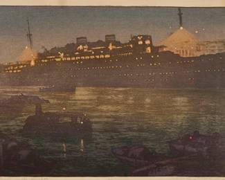 237
Hiroshi Yoshida
(1876-1950)
"Night in the Harbor," 1938
Woodcut in colors on paper
From the edition of unknown size and date
Signed and titled in pencil in the lower margin: Hiroshi Yoshida; with the printed black ink signature and the artist's red ink seal in the image at lower right; with the jizuri ("self printed") stamp as well as other Japanese characters stamped in the left margin; dated 1938 and numbered "230" in pencil, in another hand, at the center of the lower margin; titled and dated again in ink, in another hand, on a label affixed to the frame's backing paper
Image: 9.75" H x 14.75" W; Sheet: 10.625" H x 15.875" W
Estimate: $1,000 - $1,500