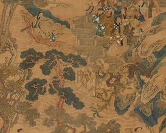 199
A Chinese 'kesi' silk tapestry hanging scroll
Qing Dynasty (1644-1912) or earlier
Woven polychrome silk and metal thread 'kesi' or cut silk tapestry, with ink and pigment highlights mounted to paper with fabric borders
Depicting a 'shan shui' or mountain-water landscape featuring an empress flying on a phoenix or 'fenghuang', with attendants, and a group of figures on a balcony offering various auspicious gifts
Signed in Chinese, in ink, along the lower right edge: Zifan
Image: 72.75" H x 37.75" W; Overall: 94" H x 41.75" W
Estimate: $4,000 - $6,000