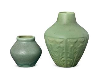 51
Two Van Briggle pottery vases
1906
Each with incised 'AA' cipher, date, and: Van Briggle / 8; the taller further incised: Colo. Springs; and impressed: 461; the shorter impressed indecipherably
Each with a matte green glaze, comprising a vase decorated with thistles in low relief, and one undecorated
2 pieces
Taller: 9" H x 7.375" Dia.; Shorter: 5" H x 5.25" Dia.
Estimate: $800 - $1,200