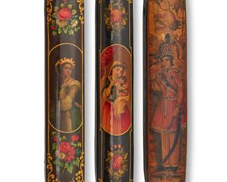 102
Three Persian polychrome wood and papier-mâché figural pen boxes
Late Qajar Dynasty (1789-1925)
Each depicting a central figure and floral motifs, with a lacquered finish
3 pieces
Longest: 8.875" L
Estimate: $1,000 - $1,500