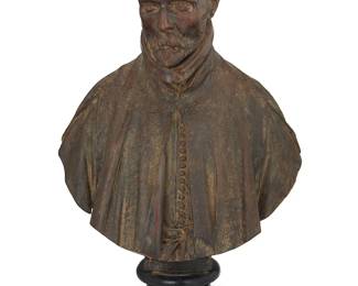 129
An Italian patinated terracotta bust of Msgr. Pedro de Foix Montoya
After Gian Lorenzo Bernini (1598-1680), late 19th/early 20th century
Impressed verso: 86 / Manifattura di Signa
31.5" H x 22" W x 9" D
Estimate: $700 - $900