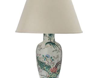 93
A Chinese polychrome porcelain vase as a lamp
Early 20th century with later elements
The baluster-form vase decorated with Manchurian cranes, now mounted as a single-light lamp with fabric shade, electrified
Lamp without harp: 24" H x 7.75" Dia.; Shade: 13.5" H x 20.25" Dia.
Estimate: $700 - $1,000