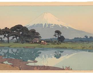 232
Hiroshi Yoshida
(1876-1950)
"Suzukawa," 1935
Woodcut in colors on paper
From the edition of unknown size and date
Signed and titled in pencil in the lower margin: Hiroshi Yoshida; with the printed black ink signature and the artist's red ink seal in the image at lower left; with the jizuri ("self printed") stamp as well as other Japanese characters stamped in the left margin
Image: 9.625" H x 14.875" W; Sheet: 10.625" H x 15.75" W
Estimate: $1,500 - $2,500