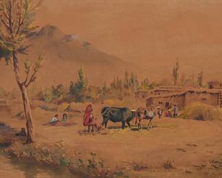 159
Sumbat Der Kiureghian
(1913-1999)
Rural Iranian scene with figures and farm animals, 1948
Watercolor and gouache on board
Signed and dated lower right: S. Kiureghian / 1948
16.25" H x 23.625" W
Estimate: $700 - $1,000