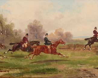 359
Robert Stone
(1820-1870)
Steeplechase scene
Oil on panel
Signed lower right: R. Stone
6.5" H x 12.75" W
Estimate: $600 - $800